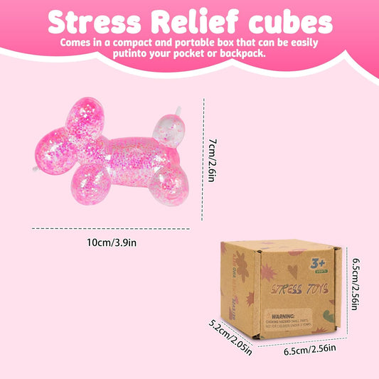 Balloon Dog Squishy Toy, Stretchy Sensory Fidget Toy for Kids and Adults, 1.97In Soft Stress Relief Squeeze Toy, Cute Balloon Animal Desk Toy, Glitter Squishy Gift(Pink)